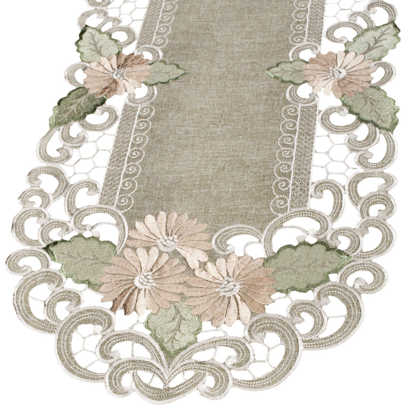 Georgiana Gold Daisy Fleur Latte Green Table Runner, 70" x 16"