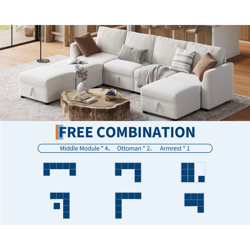 Canapé d'angle modulaire surdimensionné de 348 cm (137 po) convertible en forme de U/L, 7 places, avec assise profonde, rangement intégré et pouf. Convient aux animaux de compagnie. Canapé confortable pour grand salon/salle de cinéma maison.