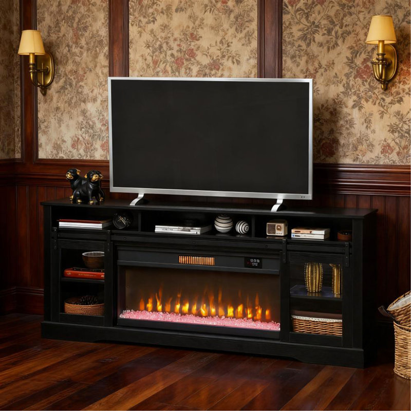 Console télé avec foyer électrique, rangement ouvert et armoires latérales, Noir