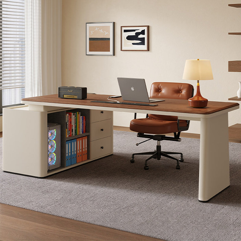Bureau de direction en placage de noyer avec armoire de rangement gauche et prise de courant, 29.92"H*62.99"W*27.56"D