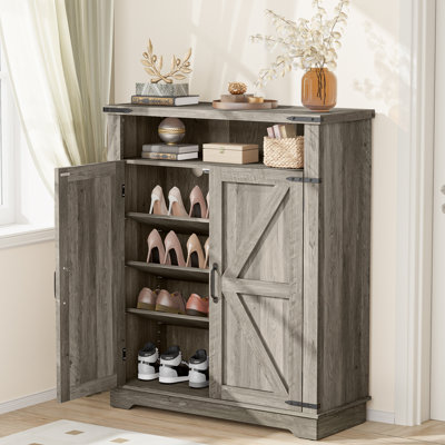 Armoire de rangement pour chaussures de ferme 32 po avec portes de grange, rangement pour hall d'entrée en bois avec tablette ouverte à 2 niveaux et tablettes réglables