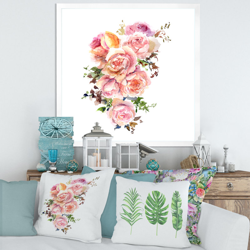 Fleurs roses, peinture sur toile, Cadre photo blanc, H 16 po x l 16 po x P 1 po