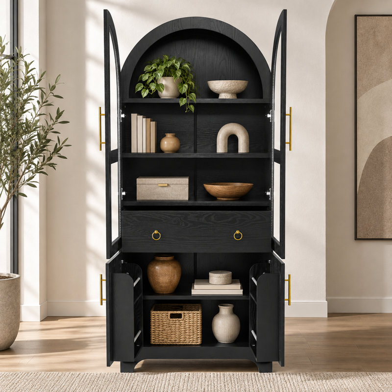 Meuble de cuisine noir cintré de 76,23 pouces de haut avec portes vitrées, panneaux de porte, étagères et tiroirs dissimulés