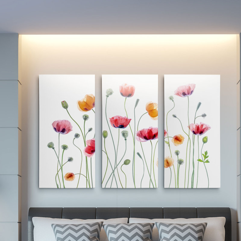High Key Poppy Party - 3 pièces, reproduction d'art sur toile, H 32 po x l 64 po x P 1,5 po