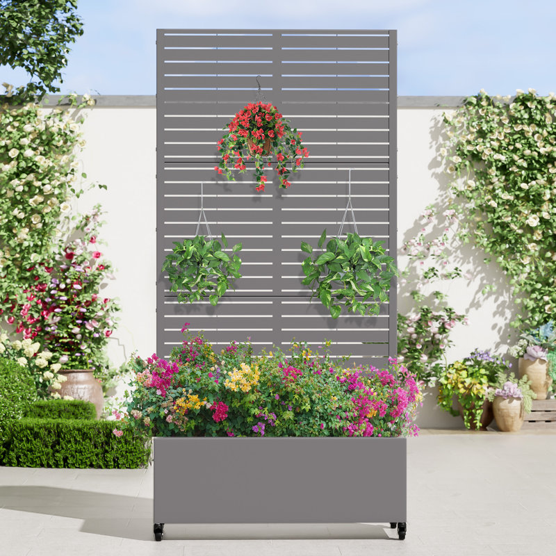 Lit de jardin en métal avec treillis et roues, Gris, H 72 po x l 35 po x P 16 po