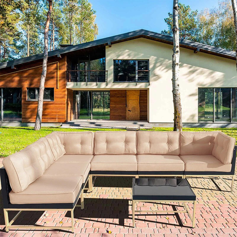 7-Piece Outdoor Patio Sectional Sofa Set, Metal Frame Modular Conversation Furniture With Thick Waterproof Cushions & Tempered Glass Coffee Table For Backyard Poolside