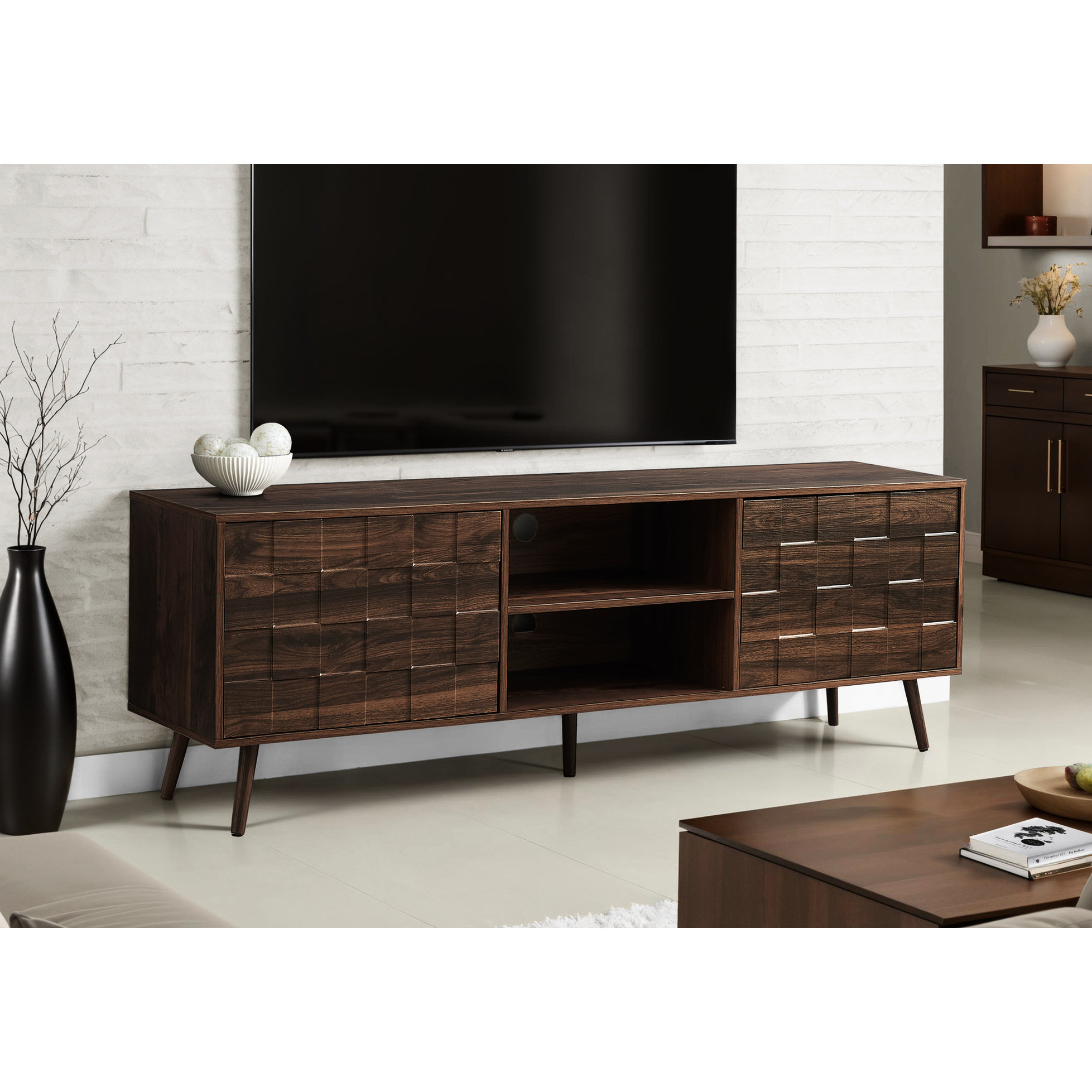 Latitude Run® 72 Inch, Walnut Laminate, Tv Stand, Mid Century Flair ...