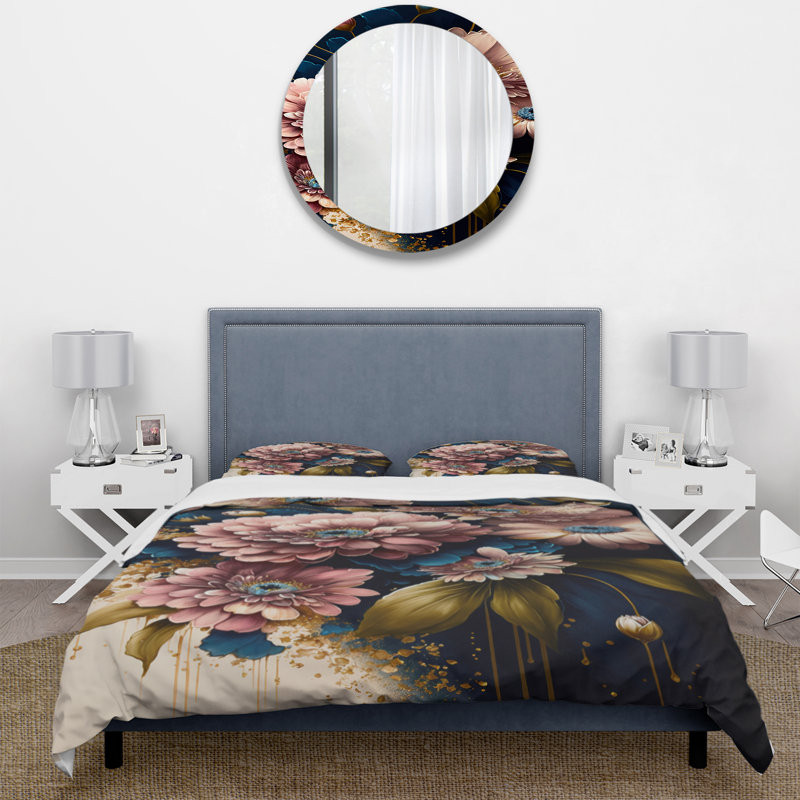 Ensemble de housse de couette à motif de marguerites florales bourgogne et bleues I - Polyester en microfibre