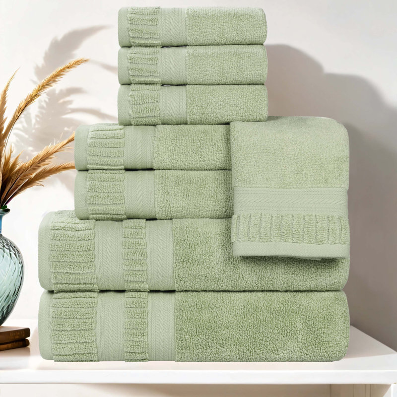 Venice Zero Twist Cotton Medium Weight Soft Absorbent Towel Set, Green, 8 Piece Towel Set