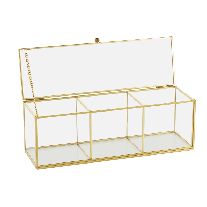  Glass Slim Rectangular 3 Slot Decorative Clear Jewelry Box with Gold Metal Frame and Chain Accent