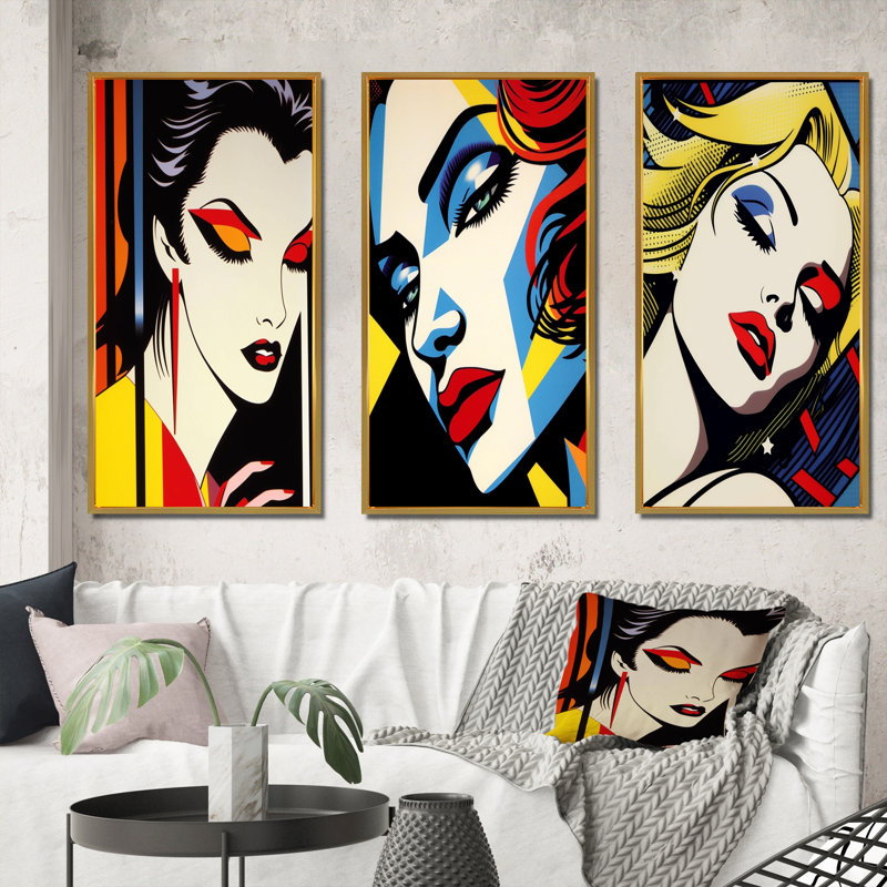 «Retro Woman Portrait Pop Art II», 3 pièces, Encadrement doré, H 32 po x l 48 po