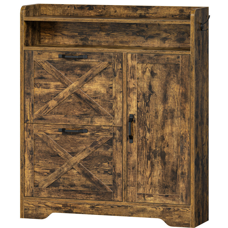 Narrow Shoe Storage Cabinet with Adjustable Side Cabinet, Brown
