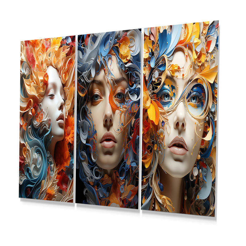 Portrait de femme surréalisme éternel - ensemble de 3 impressions surréalisme sur métal, H 32 po x l 48 po