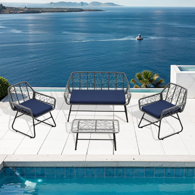 Ensemble de conversation de jardin moderne avec 4 pièces - coussins d'eau, intempéries, structure en acier pour l'extérieur, housses de coussin bleues, structure thermolaquée faite à la main, différents espaces appropriés