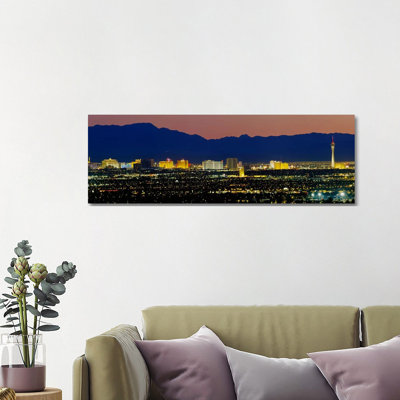 Aerial View of Buildings Lit Up at Dusk, Las Vegas, Nevada, USA 1 Piece Wrapped Canvas Panoramic Wall Art