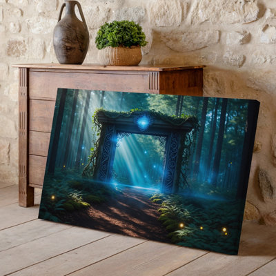 Toile, "Mystical Forest Scene Doting A Antique Ornate portail", art mural encadré par Lush Greenery and Vibrant Moss