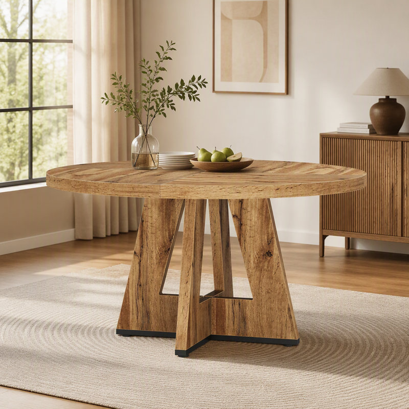 Table de salle à manger ronde de style campagnard de 119 cm (47 pouces) pour 4 personnes, table de cuisine en bois avec structure en métal et plateau en MDF, cuisines