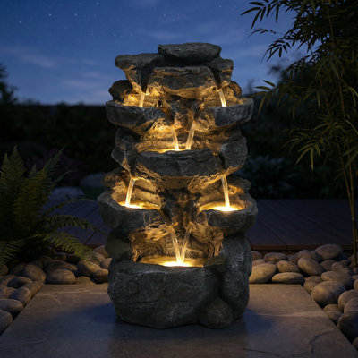 Fontaine à énergie solaire à 5 niveaux avec lumières DEL, cascade de jardin intérieur et extérieur