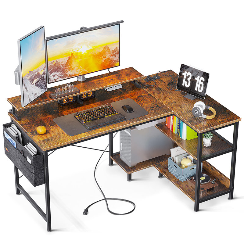 Kirstey L-Shape Gaming Desk with Built in Outlets,Computer Desk with Monitor Stand, Rustic Brown/Black
