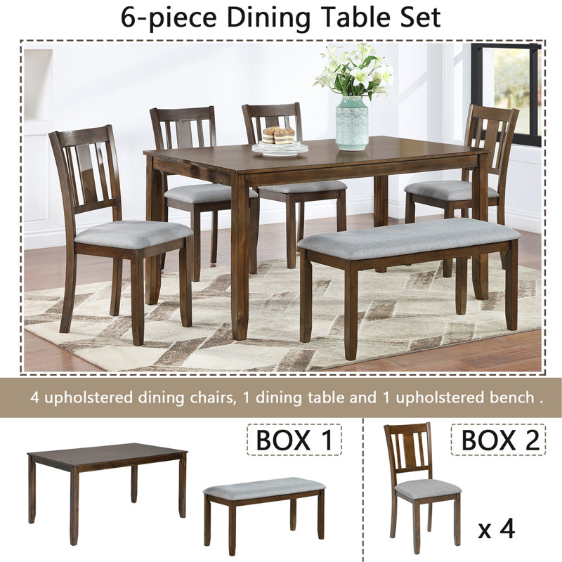 Ensemble de salle à manger de cuisine 6 pièces, table de salle à manger rectangulaire en bois avec 4 chaises rembourrées et un banc, ensemble de table de salle à manger pour 6 personnes, salon, bar et cuisine
