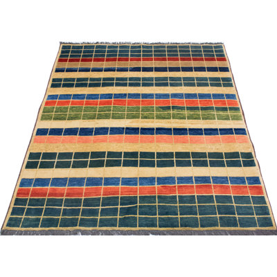 Tapis unique en laine noué à la main vert / bleu / beige nouvel âge 4 pi x 5 pi Reto