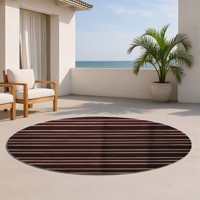 Tapis intérieur / extérieur brun HorizontalStripes, Rond 5 pi