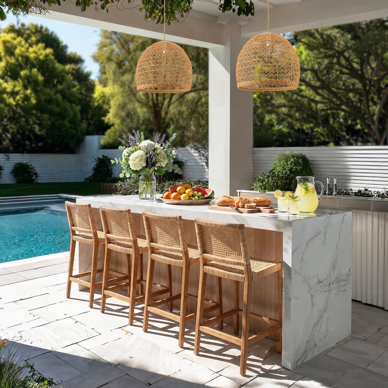 Outdoor Lumiere Dome Rattan Pendant Light – Natural Light Brown Light Fixture for Covered Patio, Porch, or Coastal Outdoor Spaces in Boho or Tropical Style