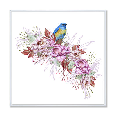 Petit oiseau bleu assis sur une branche de fleurs - peinture sur toile