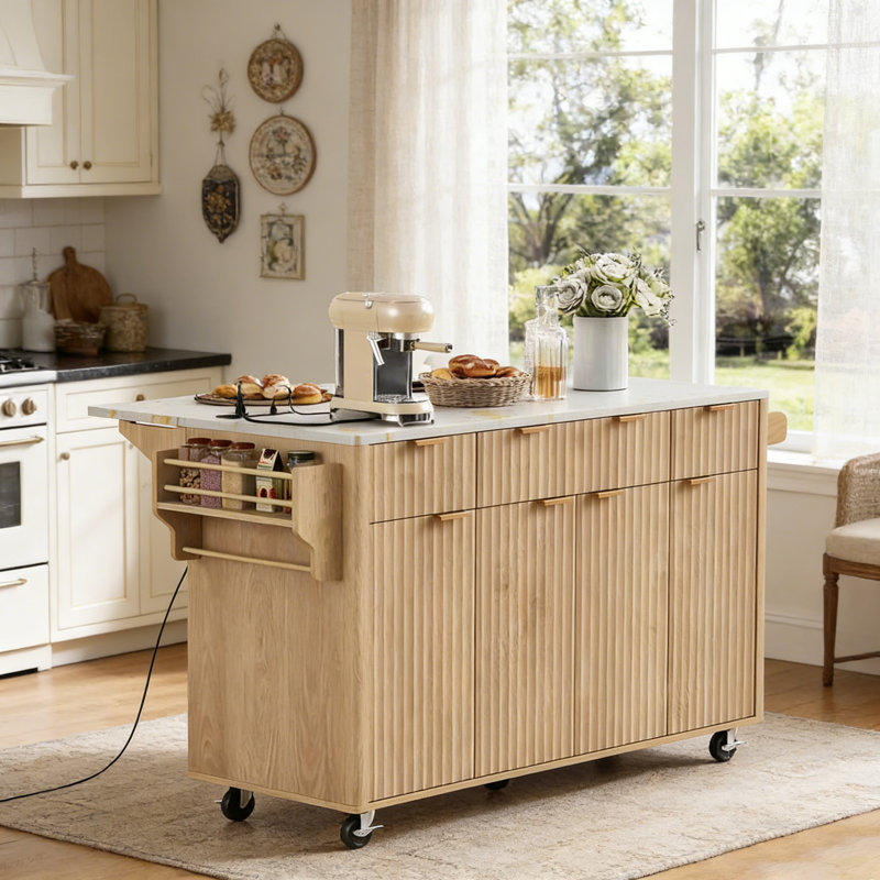 55" Fluted Kitchen Island With Drop Leaf, Natural