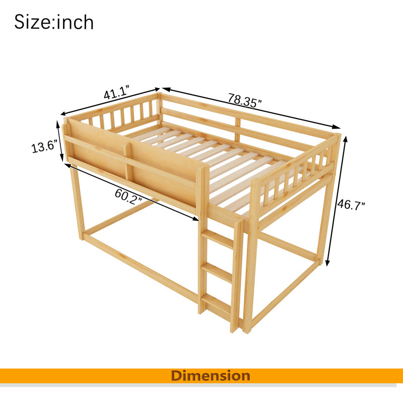 Lit superposé bas simple au-dessus de simple, lit superposé au sol avec échelle, lit superposé simple en bois massif pour enfants et adolescents