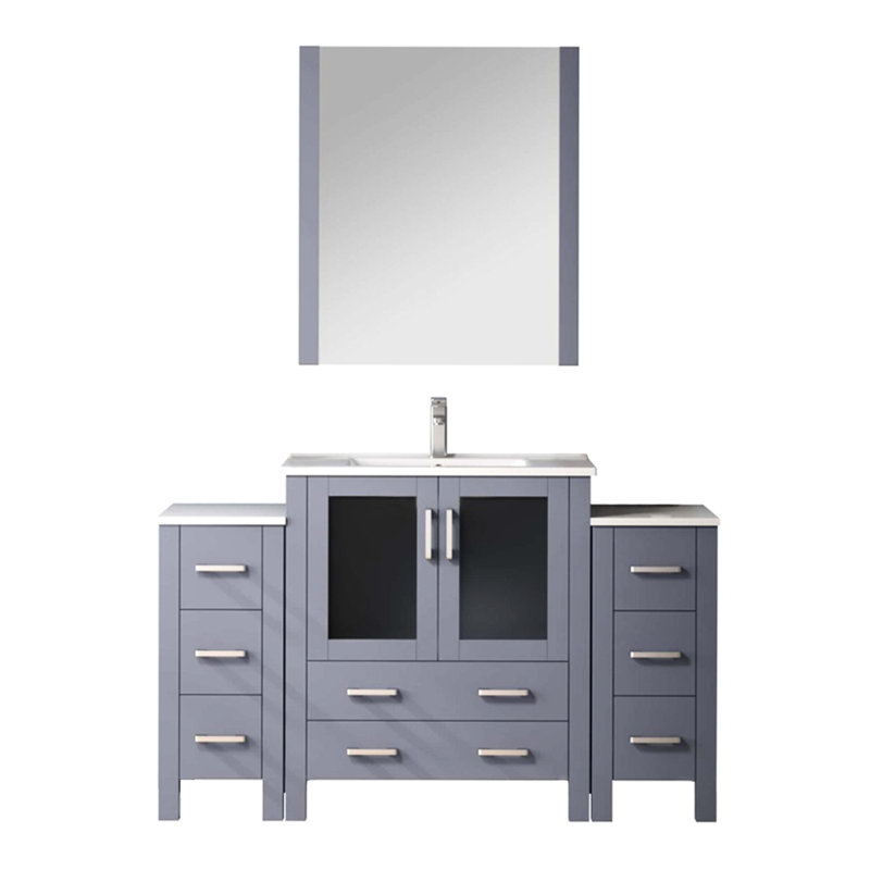 Meuble-lavabo simple gris foncé de 137 cm de large avec armoires latérales décoratives, comptoir en céramique, robinetterie incluse, miroir en forme de fleur de 71 cm, espaces de rangement antitaches, lavabo, finition inclinée