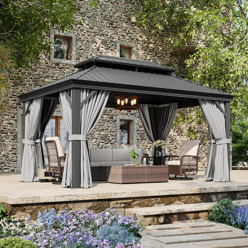 Pavillon de jardin extérieur à toit rigide 14 'x 10' avec double toit, rideaux et filet, 14' x 10'