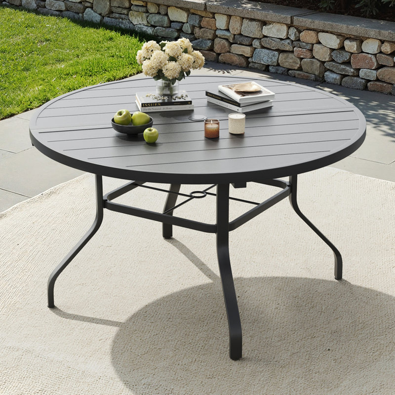 Round Outdoor Patio Dining Table With Umbrella Hole, Iron, 29" H x 47" W x 47" D