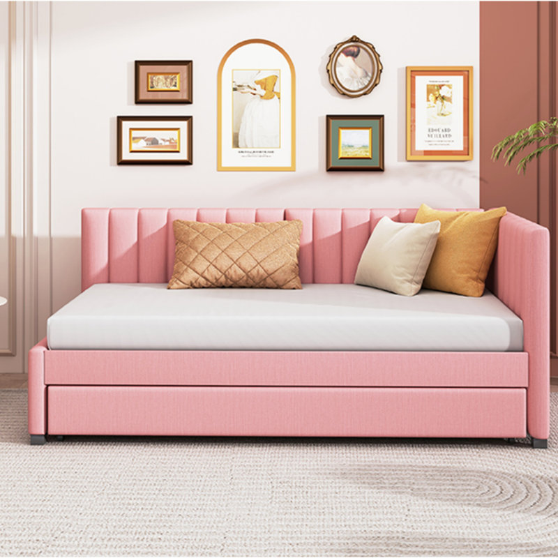 Lit de jour rembourré avec couchette simple pour canapé-lit, pas de sommier, tissu de lin (lit de jour), Rose