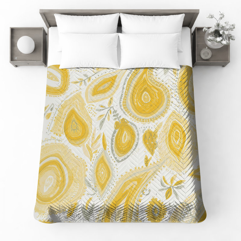Couvre-lit matelassé jaune à motif cachemire toutes tailles, Lit simple