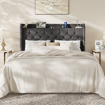 Upholstered Linen Bed Frame with Storage Headboard and Charging Station