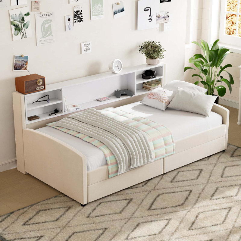 Upholstered Platform Bed with Storage, Beige