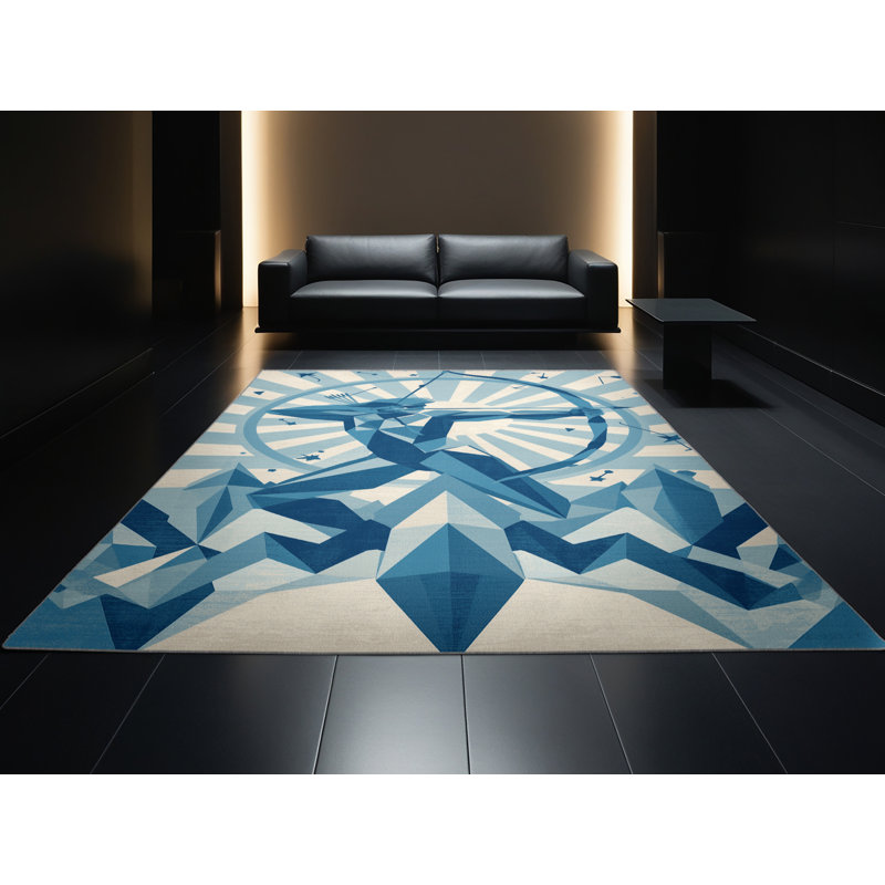 Machine Washable Pavle Global Inspired Geometric Rug in Blue – BabyBlue Binding, 7 x 9