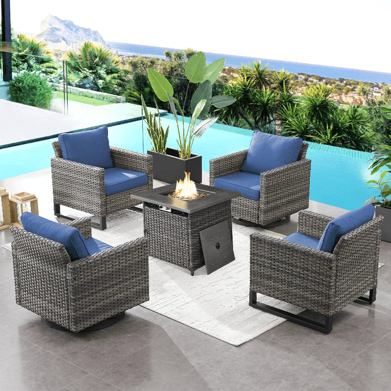Naresa 5-Piece Outdoor Wicker Furniture Set With Swivel Glider Chairs & Fire Pit Table, Blue