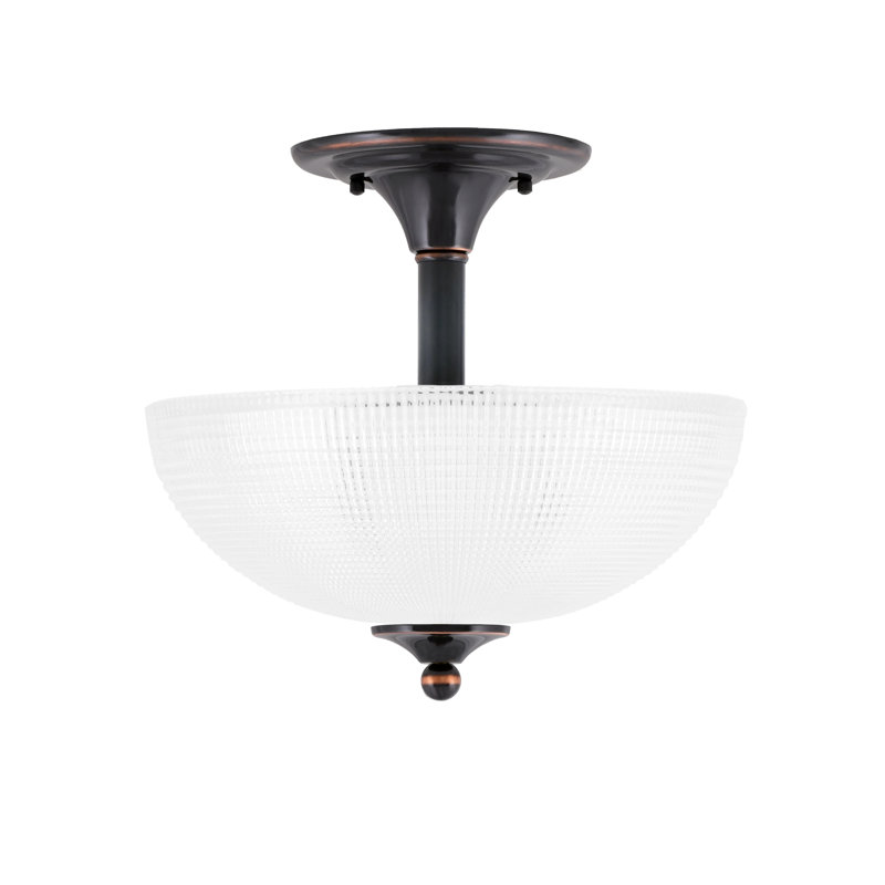 Xanthos Semi-Flush 2 Bulbs With 13" Clear Ribbed Glass, Copper/Black