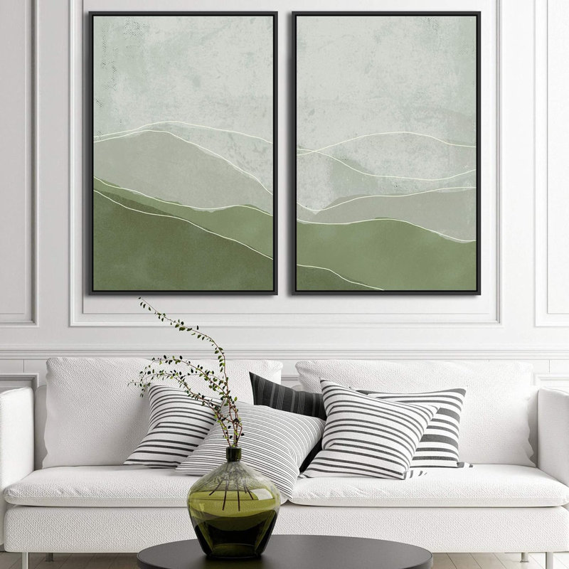 «Faded Green & Gray Wave Landscape Abstract Shapes Abstract Wall Art Modern Boho Multicolor Bedroom» 2 - pièces sur, Noir