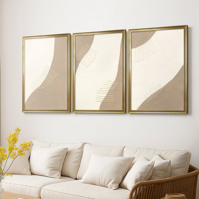 Neutral Stitches I  -Custom Framed  Wrapped Gallery Canvas - 3 Pieces