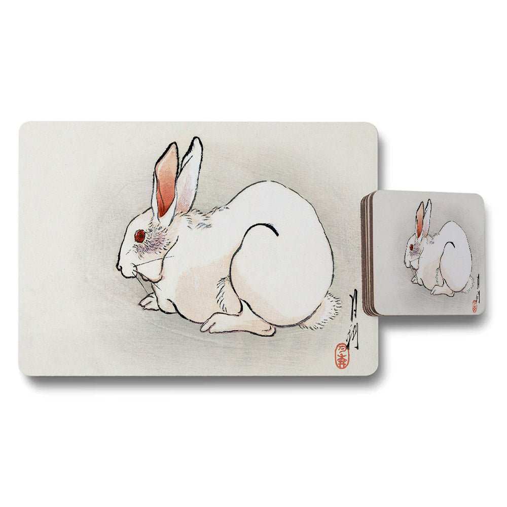 Rabbit Illustration Placemat And Coaster Set With Watercolor Artwork
