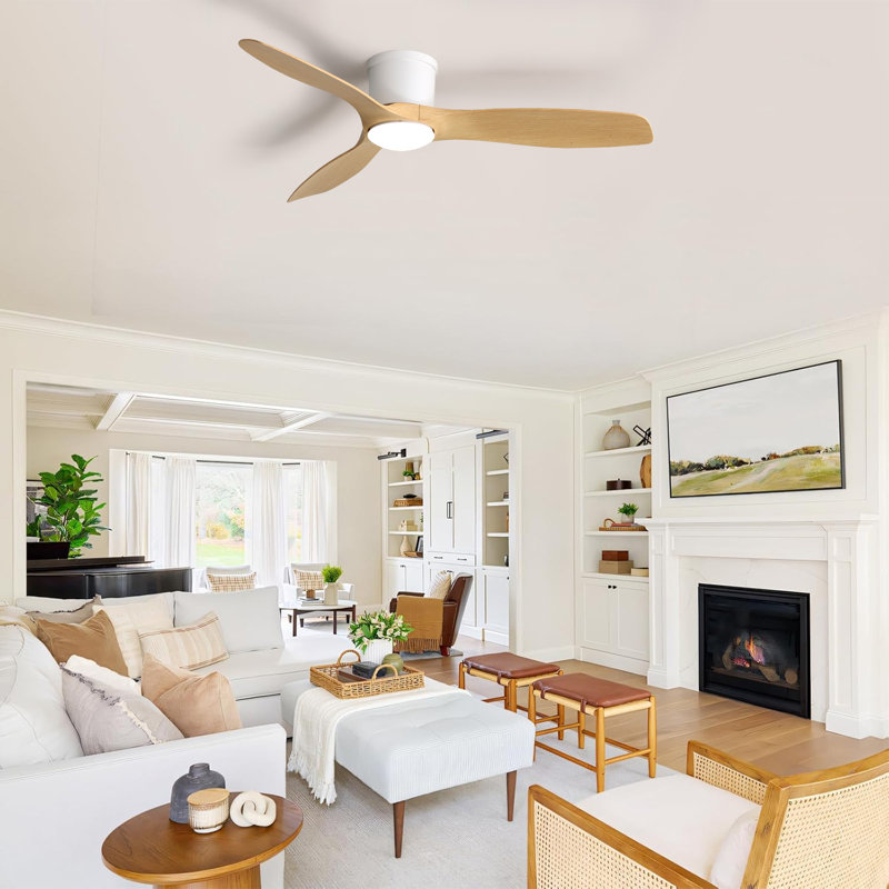 Ventilateur de plafond encastré moderne à 3 pales de 52 po en ABS moderne avec lumière, télécommande / APP, blanc, Bois beige