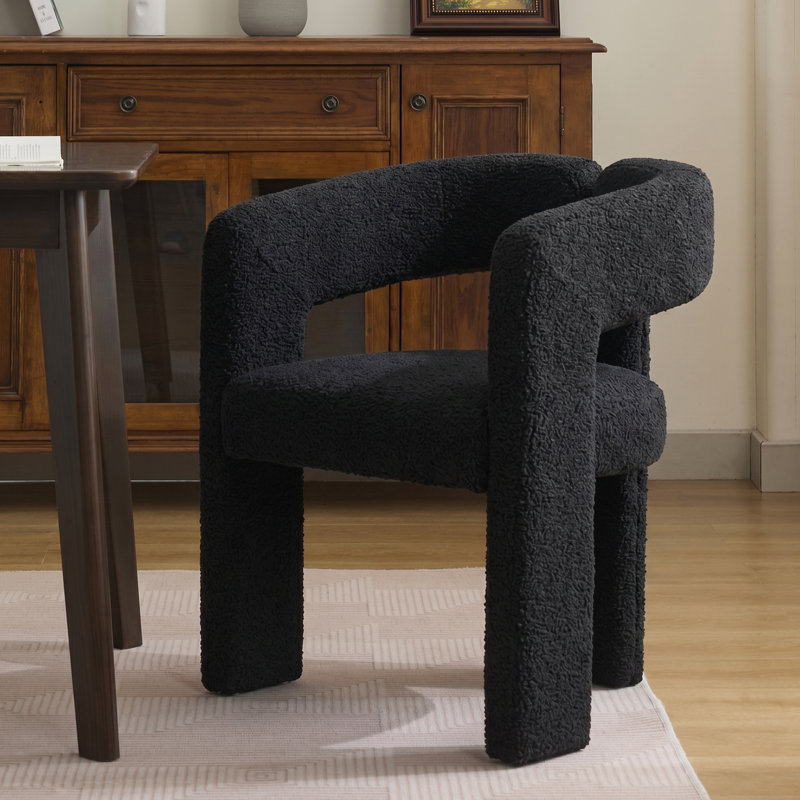 Modern Upholstered Dining Arm Chair, Solid Wood Frame, Lambswool Black