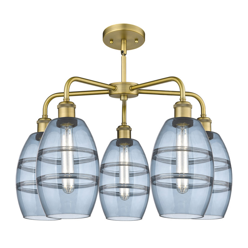 Lustre rond / ovale à abat-jour 5 lumières, H 13,63 po x l 23,88 po x P 23,88 po, Bleu princesse, Laiton brossé
