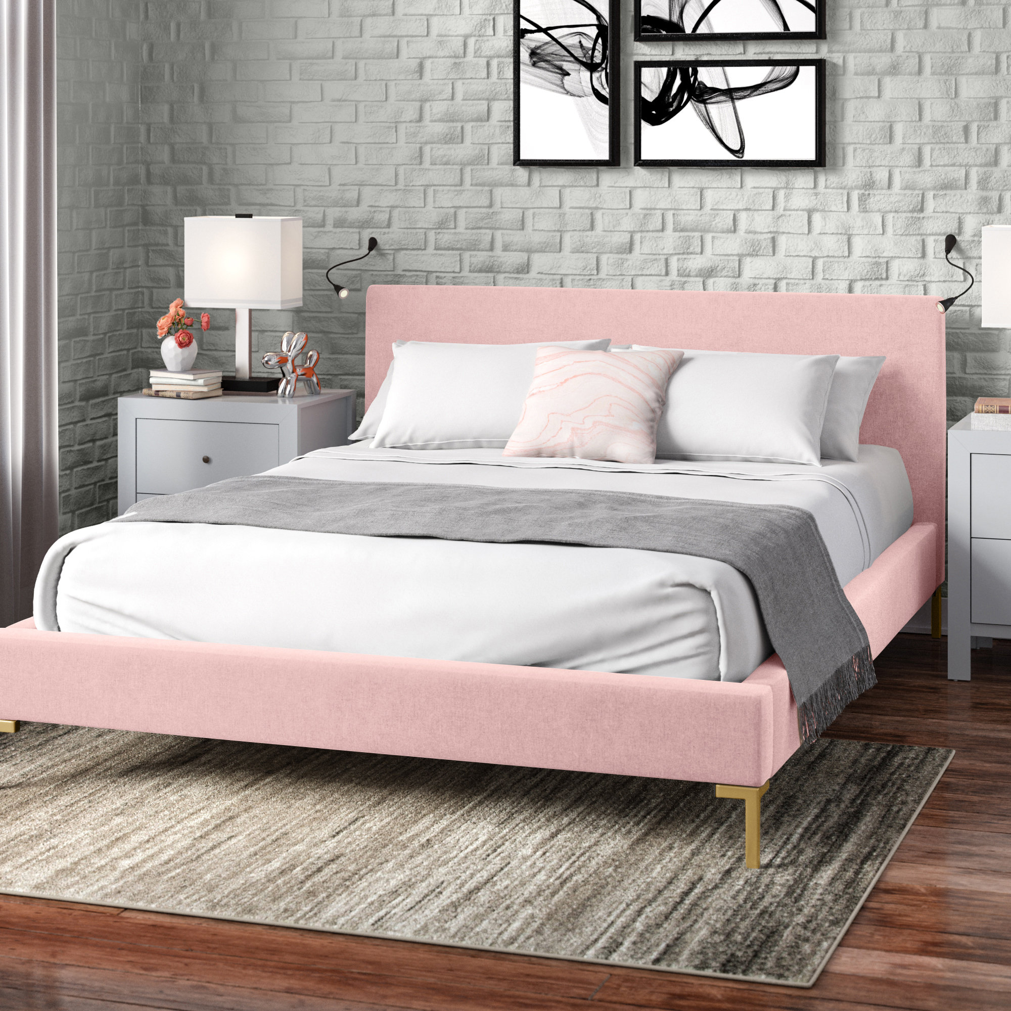 Rand Upholstered Bed, Zuma Rosequartz Textured Linen, California King, Brass