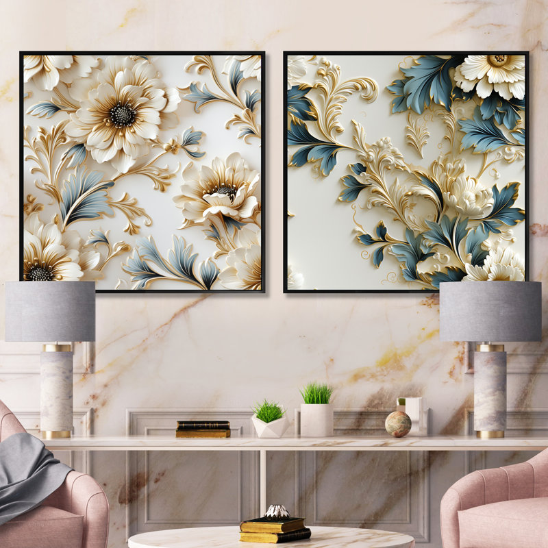 Ensemble de 2 collages ornementaux rétro style victorien III - Abstract Botanicals Square, Cadre flottant noir