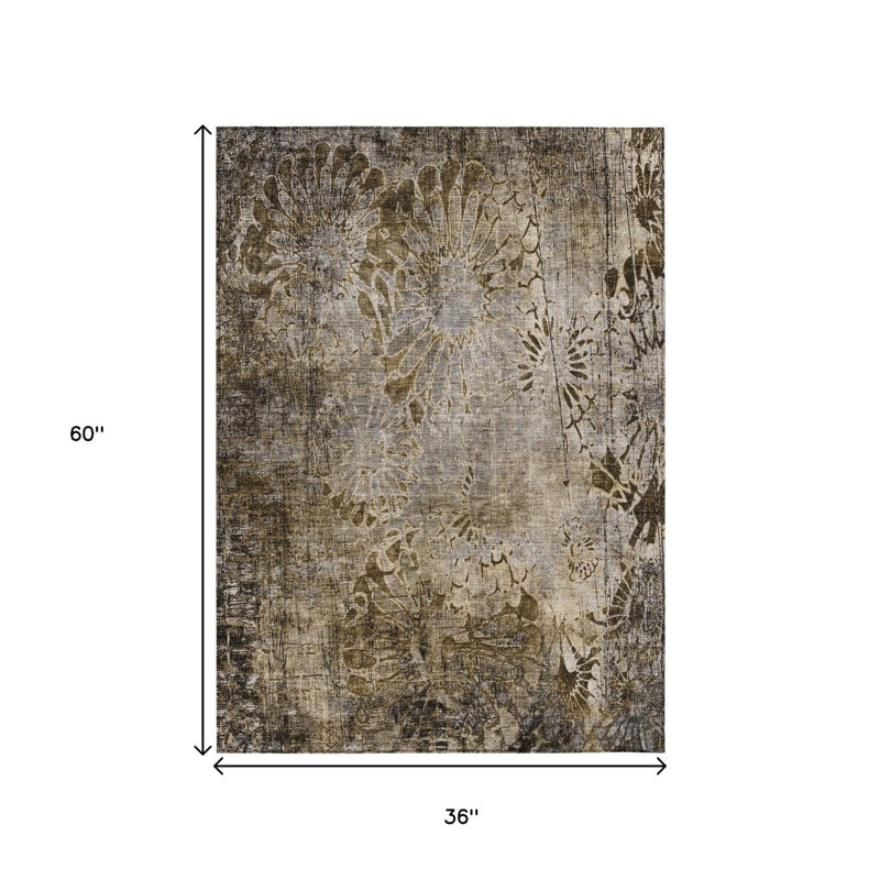 Tapis d'intérieur lavable à motif floral brun et beige 3 pi x 5 pi