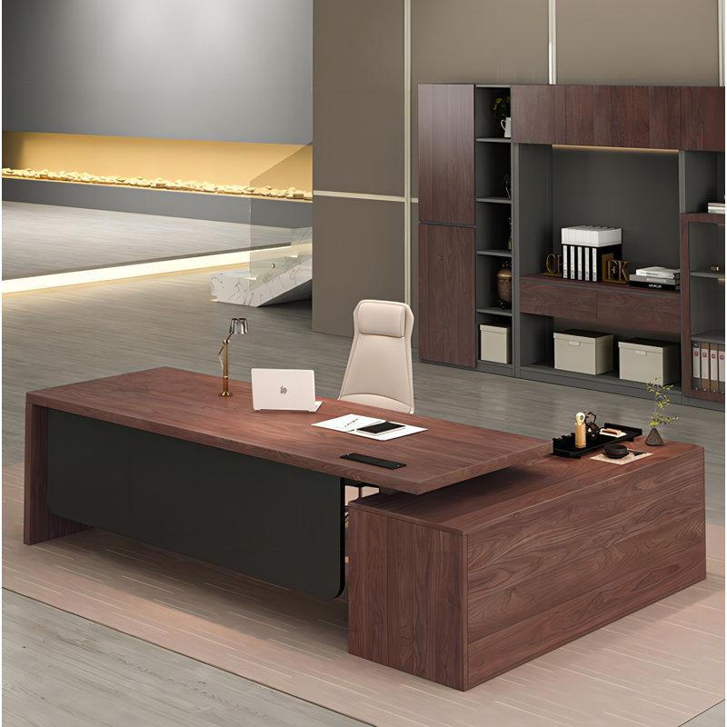 Bureau de direction brun en L en bois massif avec cabinet de gauche, 29.53" H x 86.61" W x 31.5" D, Gauche